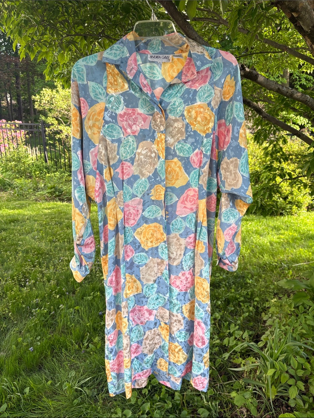 Vintage Andrea Gaye Blue Multi Floral Long Sleeve Button-Front Dress